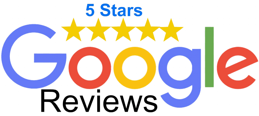 Google Reviews logo with five gold stars and blue “5 Stars” text