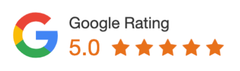 Blue rounded Google reviews button with Google logo and the text “Check Out Our Reviews on Google”