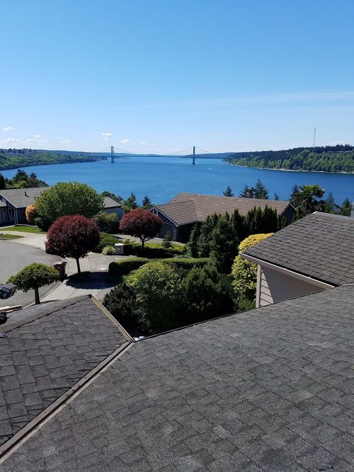 Scenic waterfront view with rooftops, manicured shrubs, and a bridge under a clear blue sky