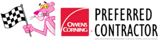 Pink panther mascot with checkered flag beside Owens Corning logo and “Preferred Contractor” text
