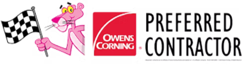 Pink panther mascot with checkered flag beside Owens Corning logo and “Preferred Contractor” text