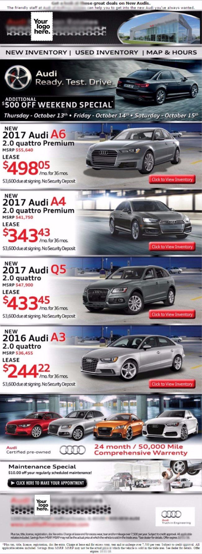 A row of cars are lined up on a dealership website.