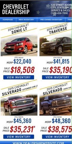 A chevrolet dealership website shows a variety of cars for sale