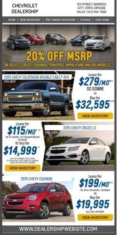 A chevrolet dealership is offering a 20 % off msrp