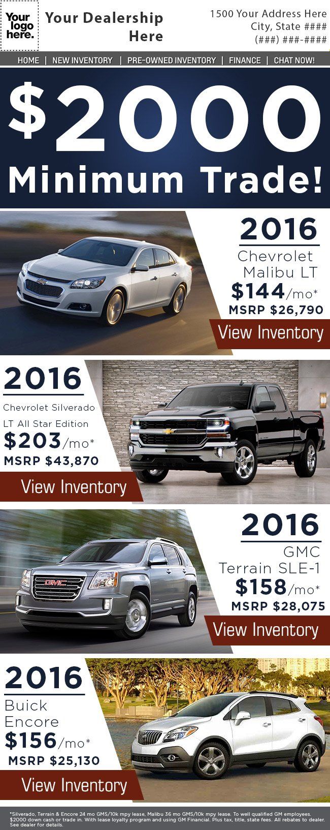 A brochure for a car dealership that says `` $ 2000 minimum trade ! ''