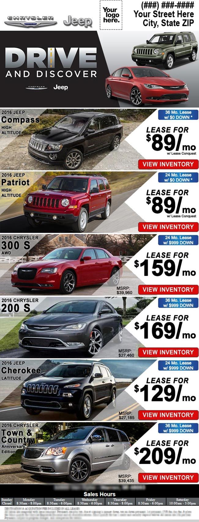 A jeep drive and discover ad shows a variety of cars for sale.