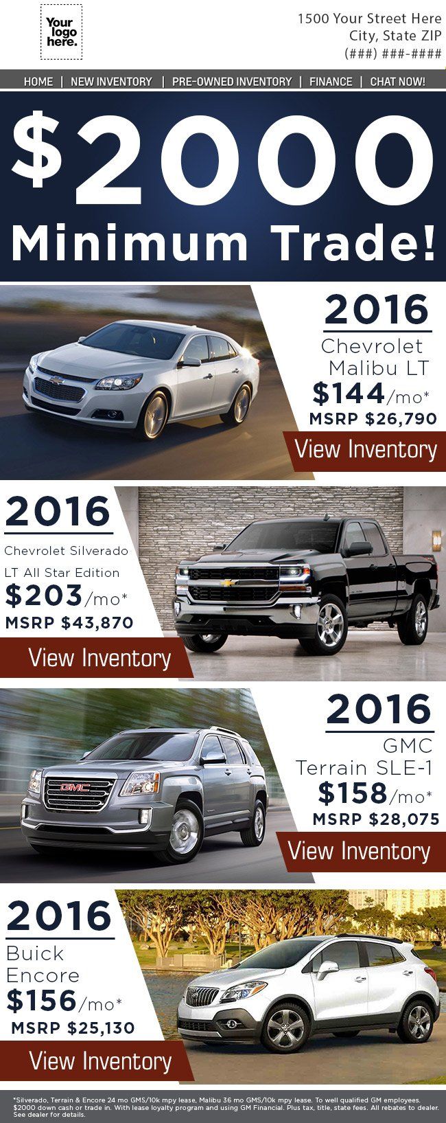 A brochure for a car dealership that says `` $ 2000 minimum trade ! ''