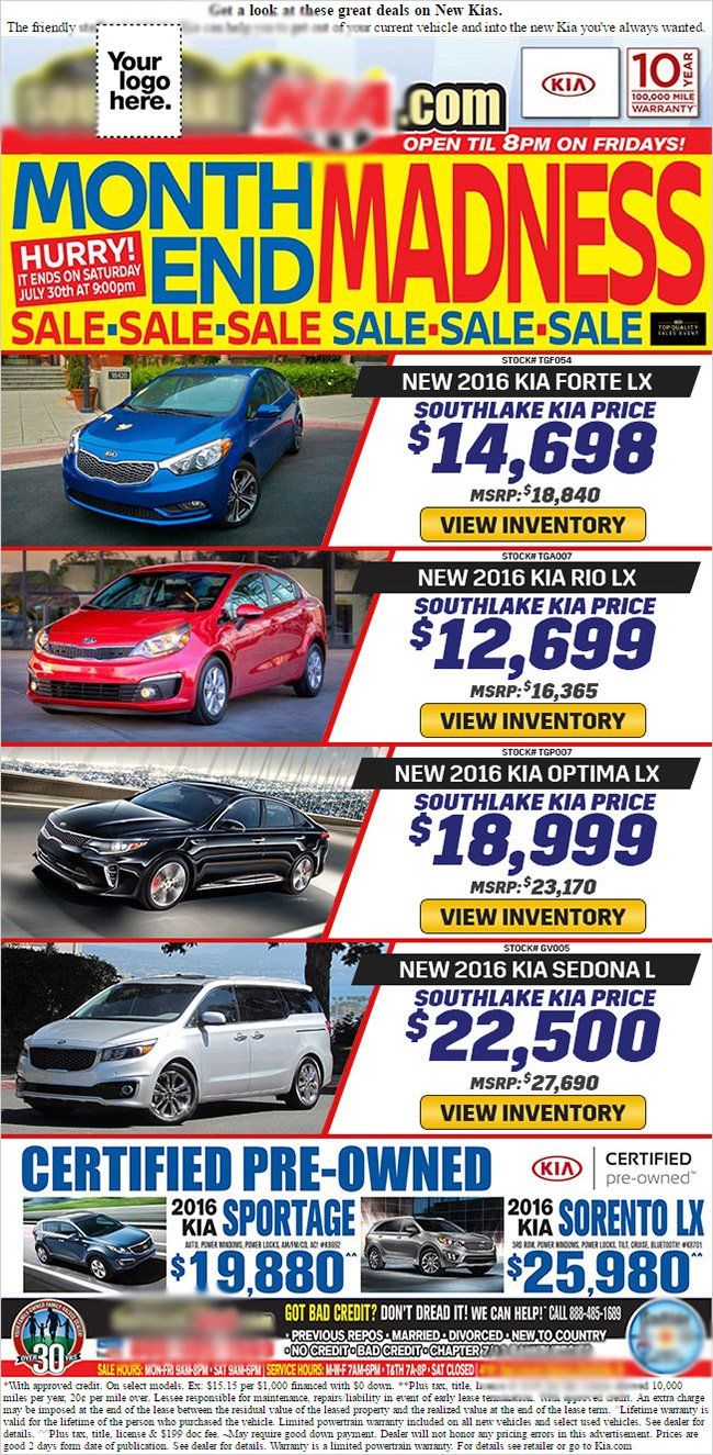 A flyer for a car dealership advertising a month end madness sale.