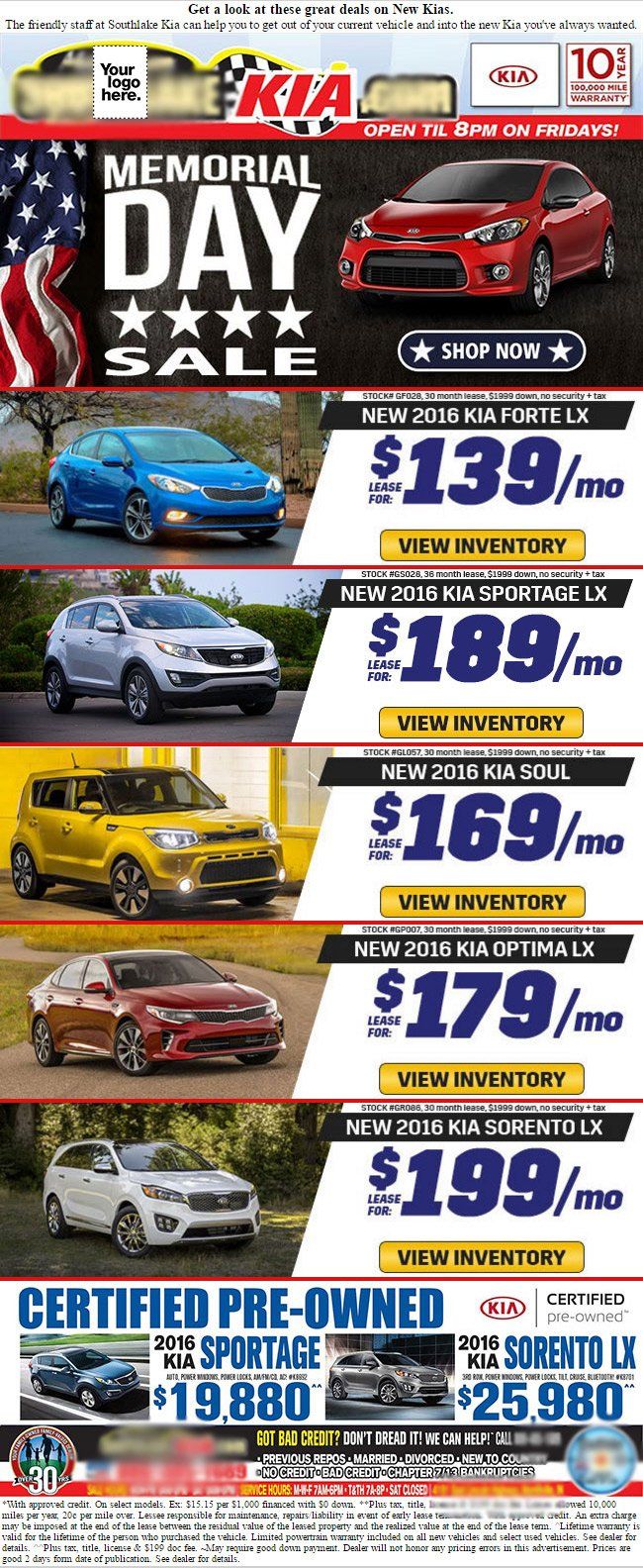 A memorial day sale advertisement for a variety of cars.