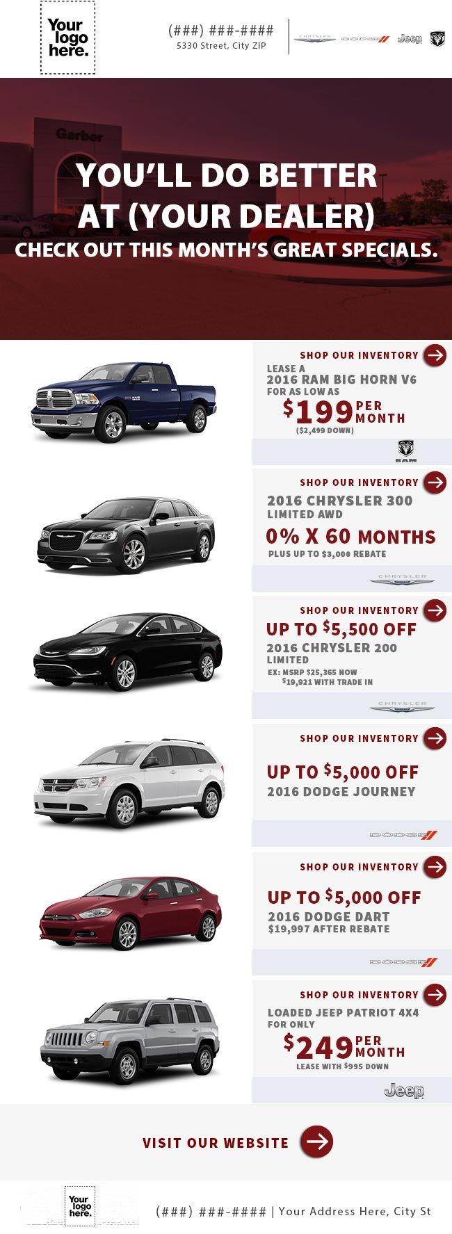 A dealership website shows a variety of cars for sale.