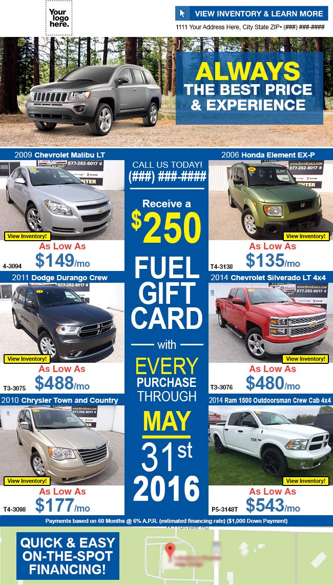 A flyer for a car dealership that says `` always the best price and experience ''.