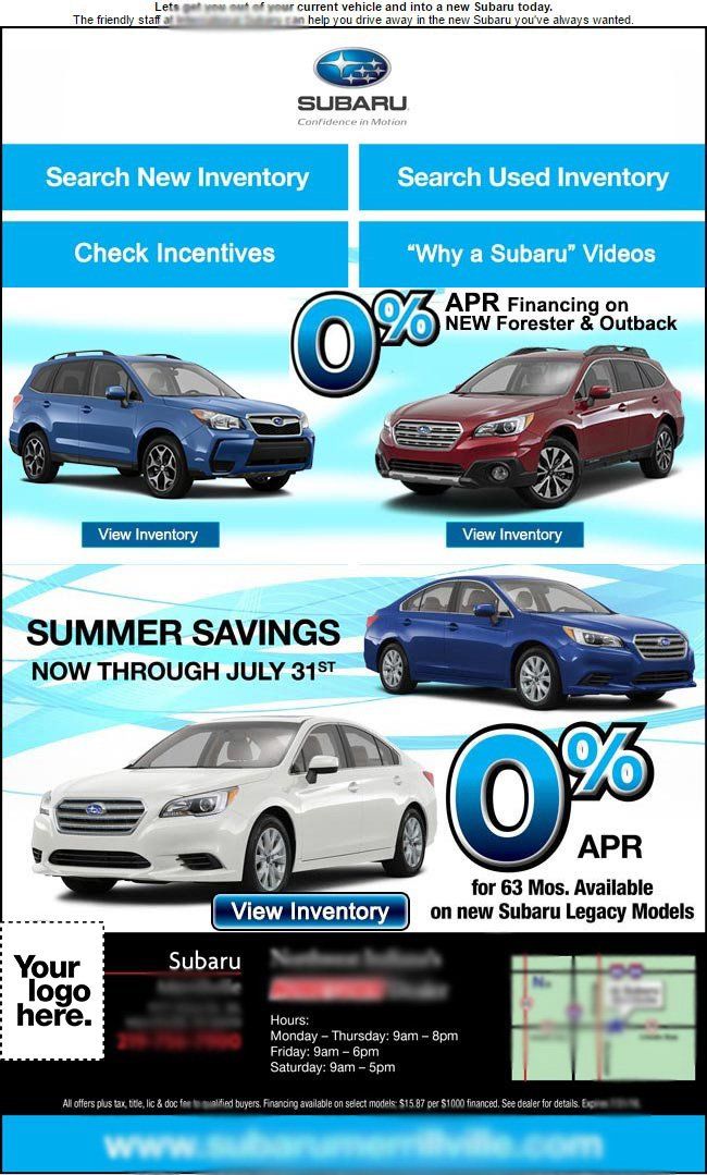 A subaru dealership is offering summer savings on subaru cars.