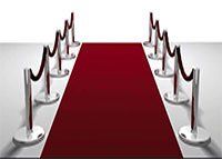 A red carpet is lined up with silver rope barriers.