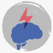 A blue brain with a lightning bolt coming out of it.