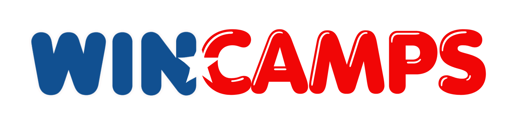 A red and blue logo for wincamps on a white background