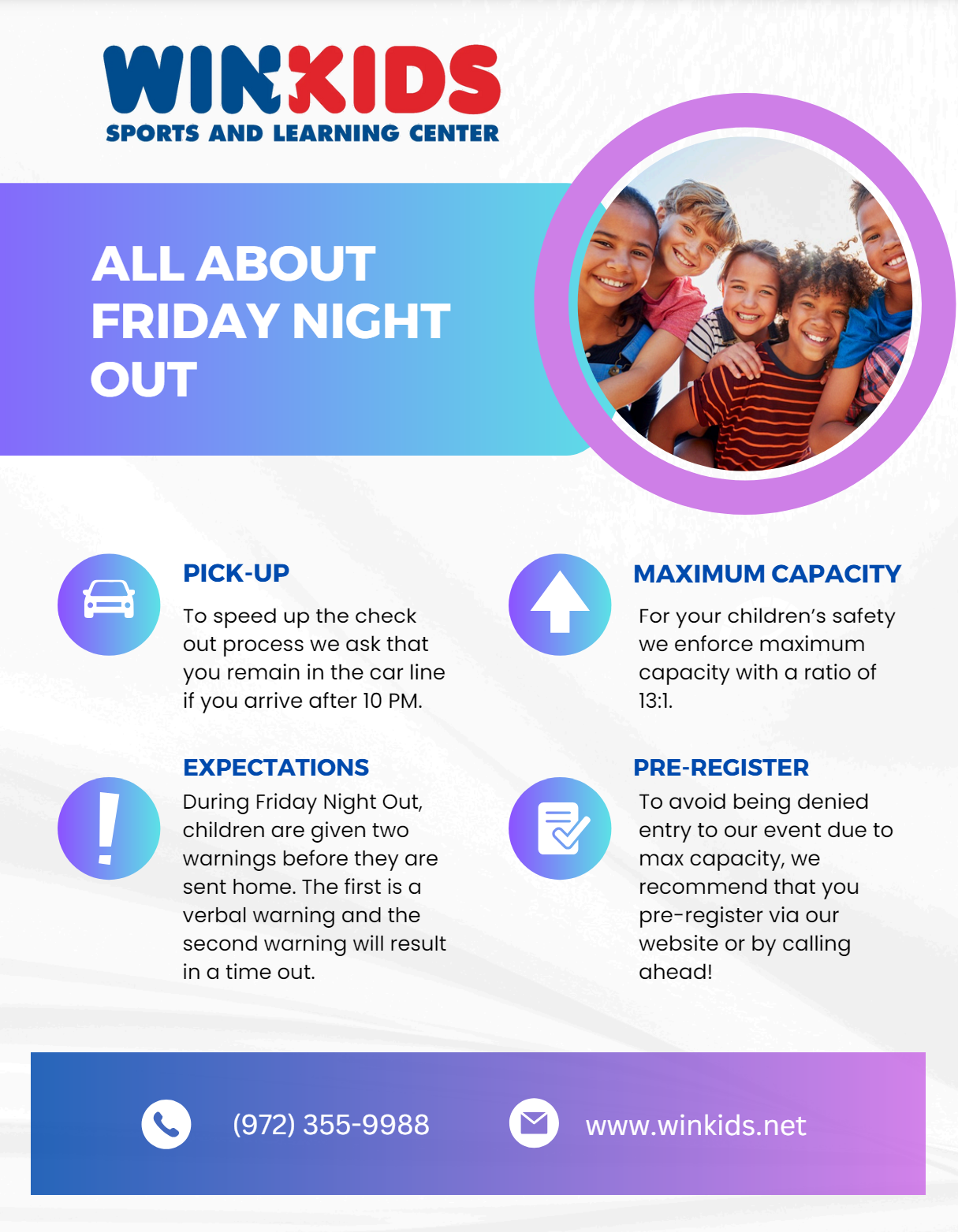 It is a flyer for a sports and learning center that says `` all about friday night out ''.