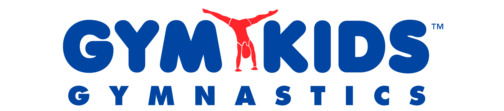 The logo for gym kids gymnastics is blue and red