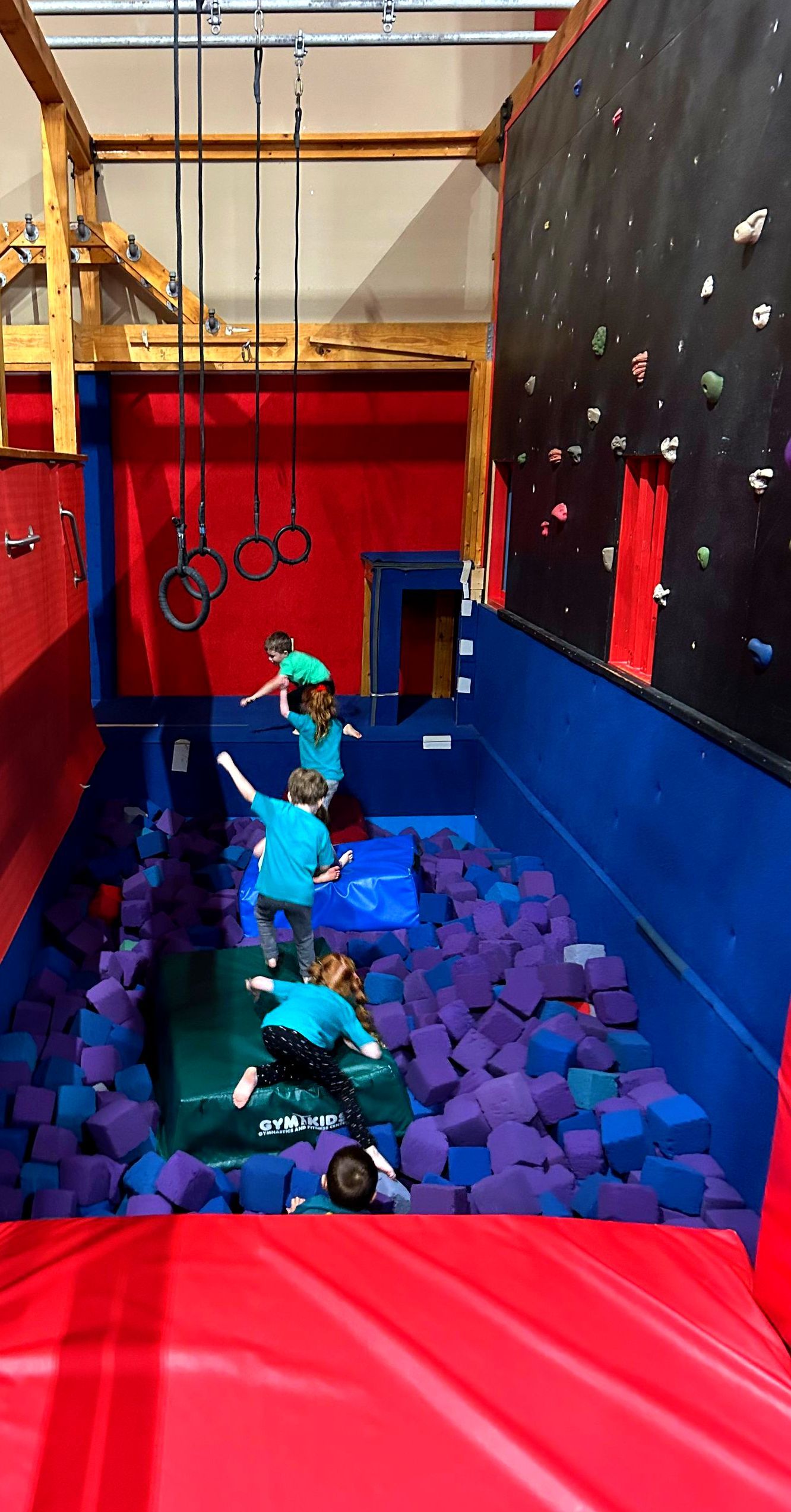 A group of children are playing in a foam pit in a gym.