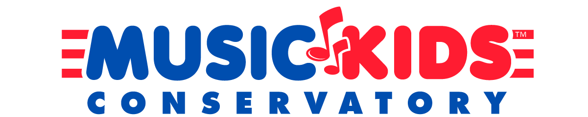 A red , white and blue logo for music kids conservatory