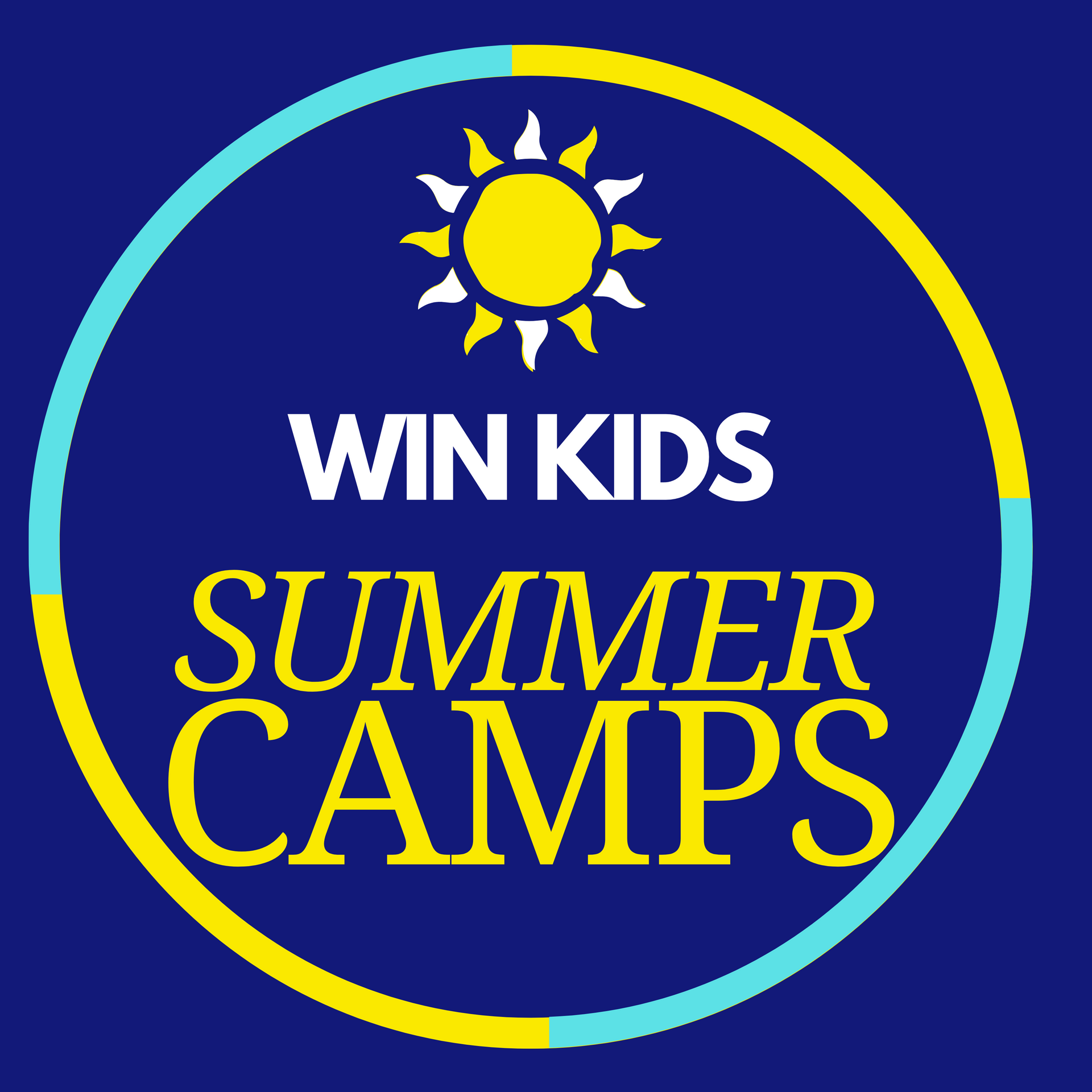 A blue and yellow logo for win kids summer camps