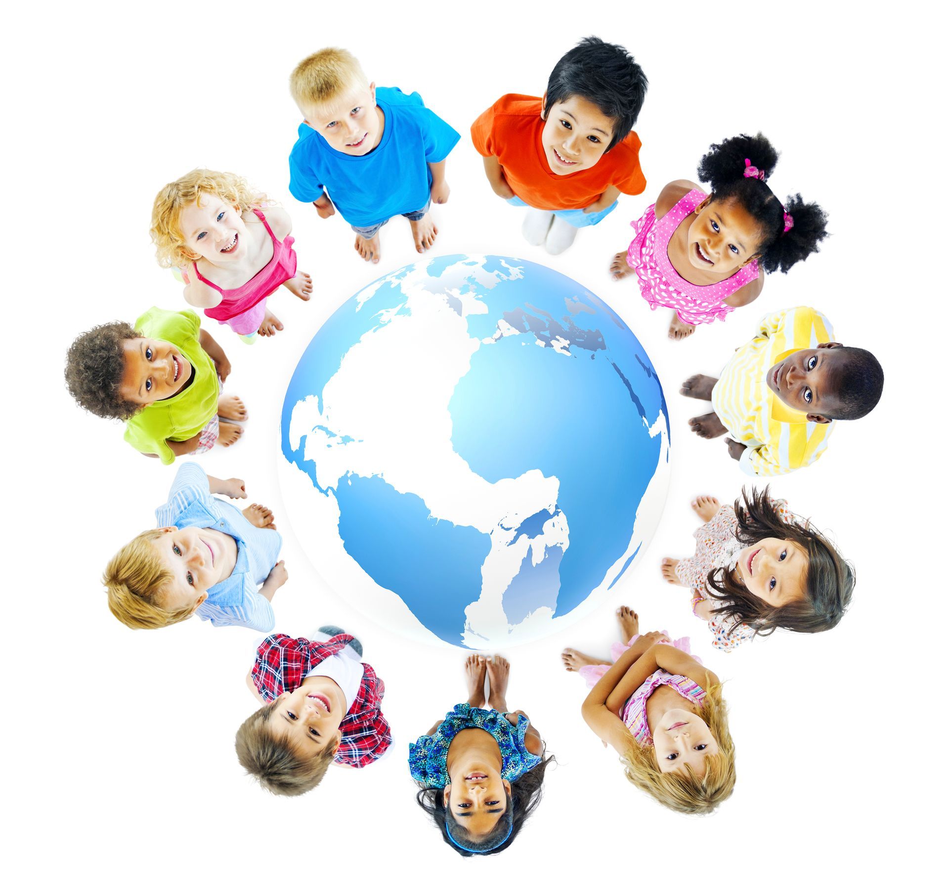 A group of children are standing in a circle around a globe