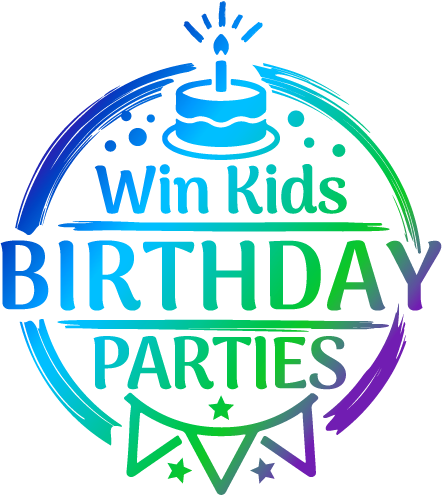 A logo for win kids birthday parties with a cake and a candle.