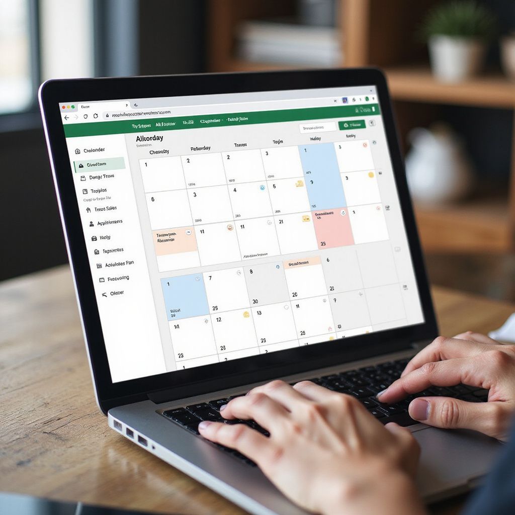 Person typing on a laptop displaying an online calendar with scheduled events.
