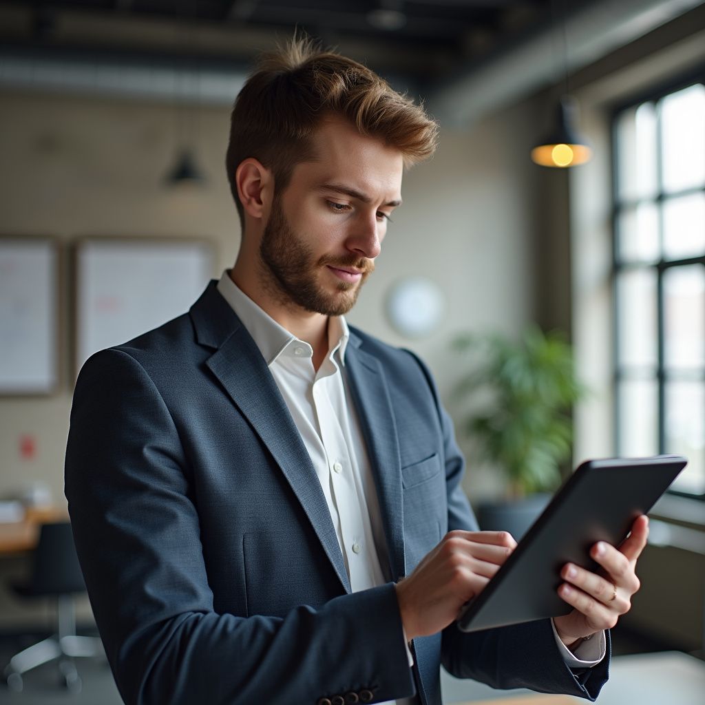 Man in a blazer and white shirt using a tablet in an office setting.