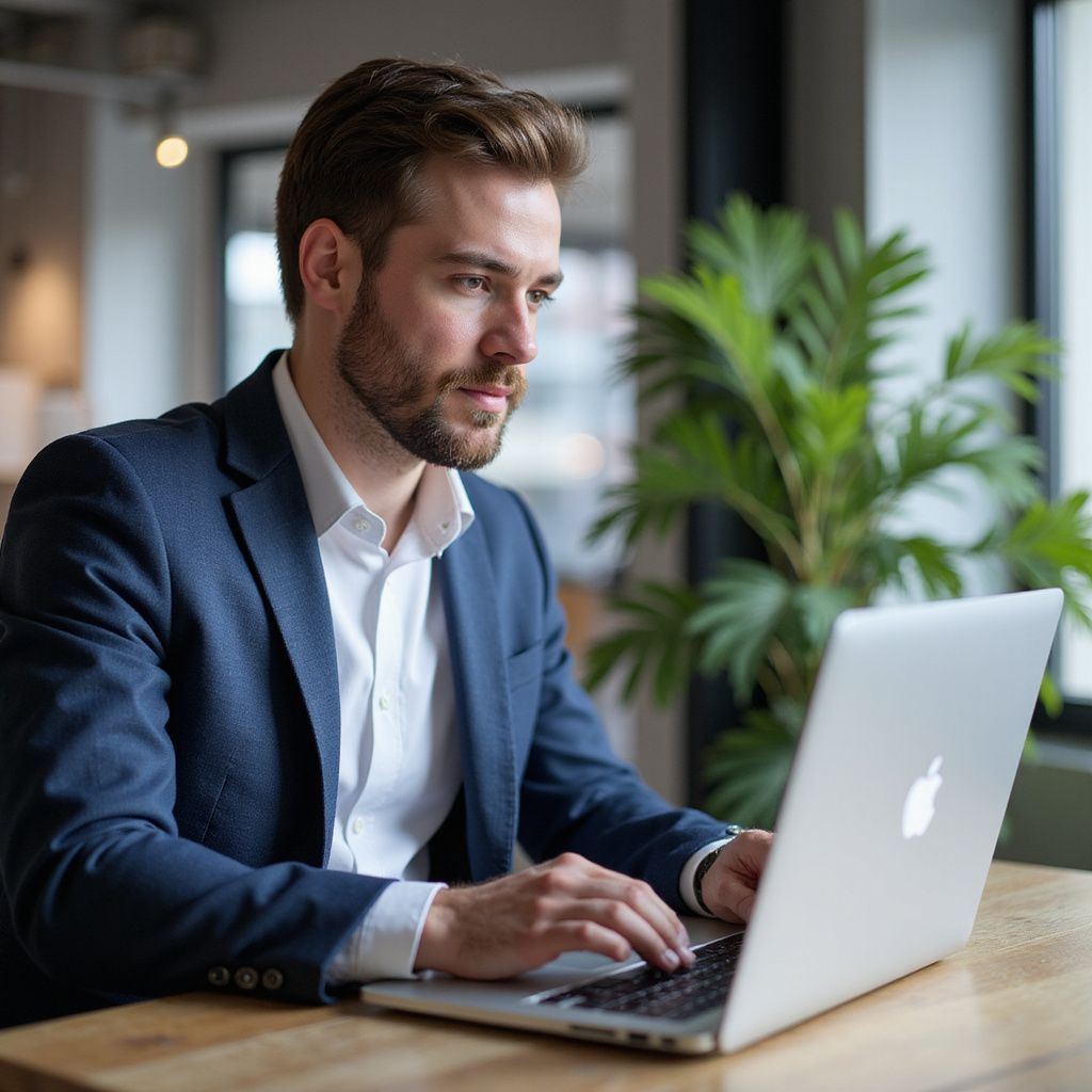 Man in blue blazer working on a laptop at a table, near a plant.