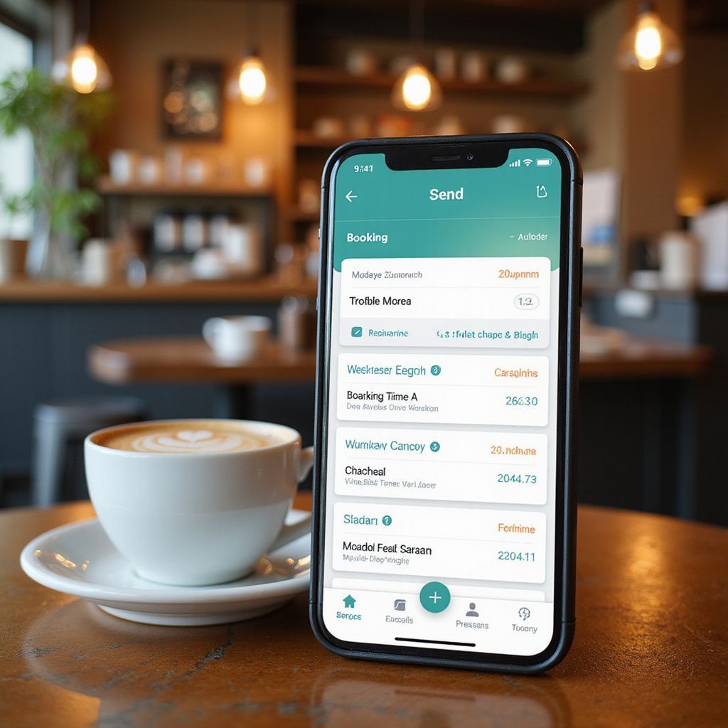Smartphone displaying a money transfer app next to a coffee cup in a cafe.