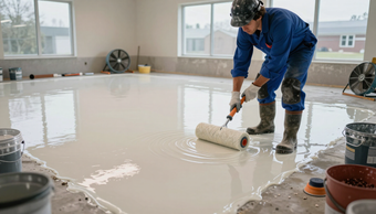 Worker rolling glossy epoxy over concrete for epoxy flooring service in Parkville, MO