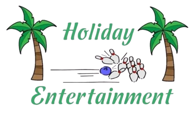 Palm trees frame text and bowling pins as a blue bowling ball hits them.