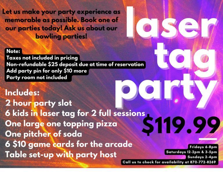 Laser tag party flyer with details of a 2-hour party for six kids. Includes pizza, soda, and arcade game cards.