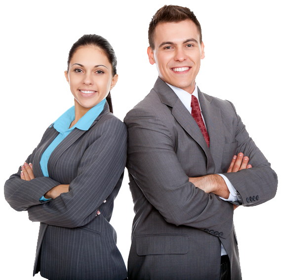 Businesswoman and businessman, backs touching, arms crossed, smiling.