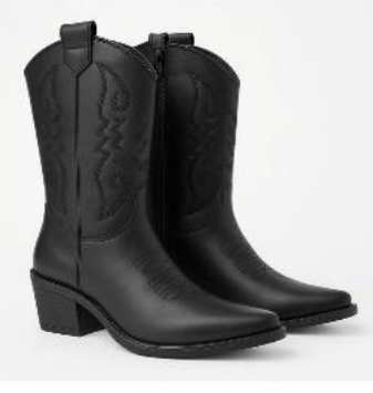 Persona con jeans azules y botas de vaquero negras caminando por un cruce de peatones.