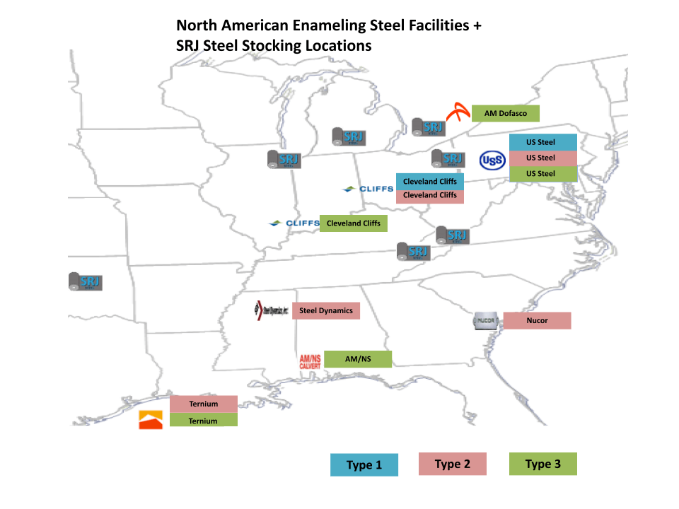 North America Enameling Steel Facilities and SRJ Steel Stocking Locations