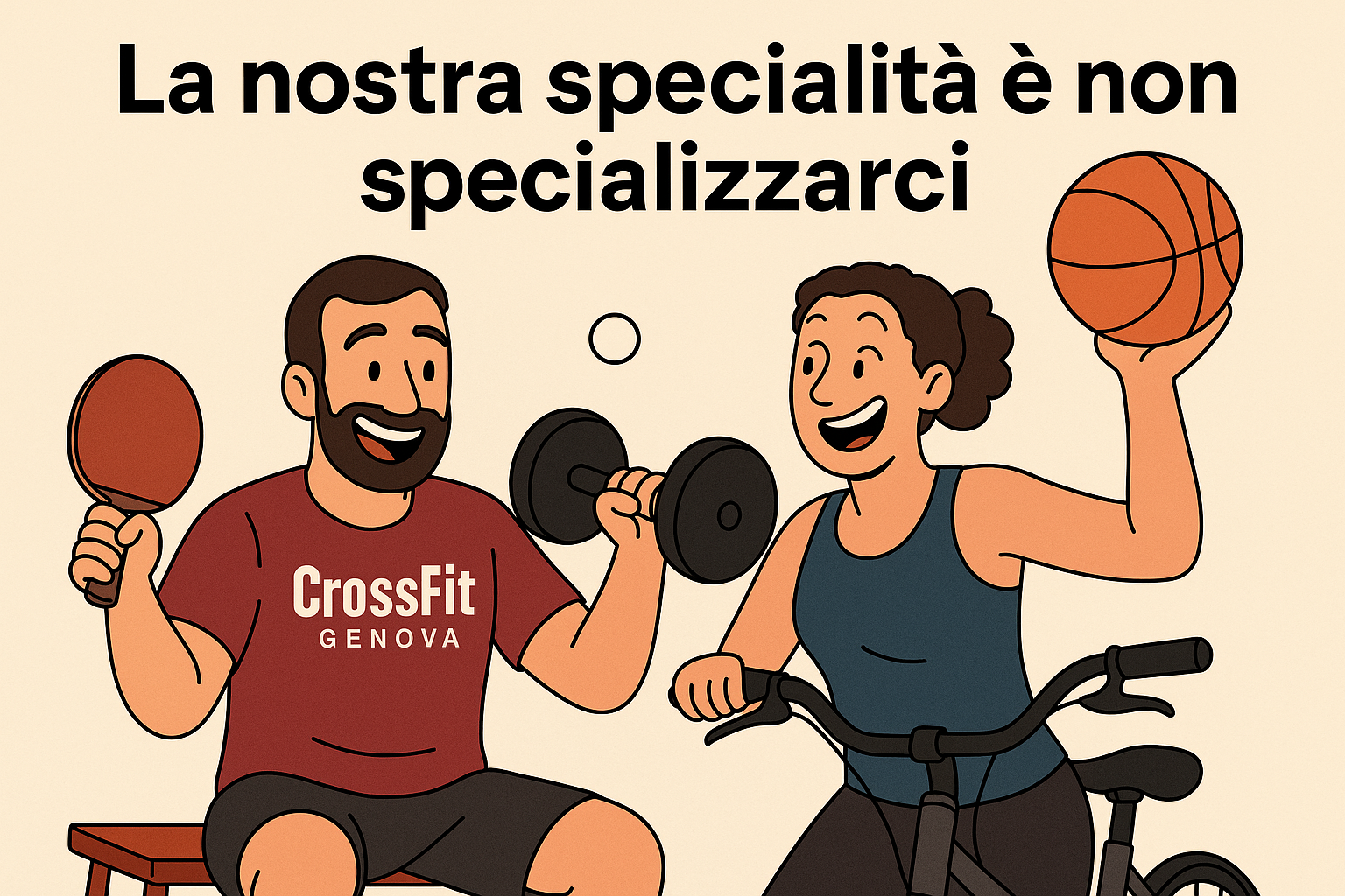 Due atleti di CrossFit Genova sorridono, praticano diversi sport, a simboleggiare un allenamento