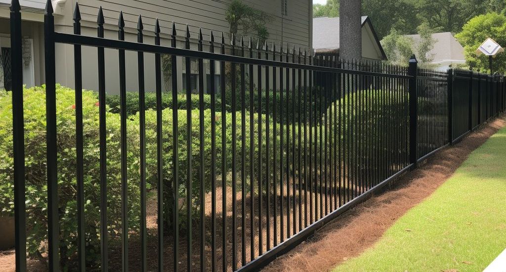 A black metal fence surrounds a lush green yard in front of a house.