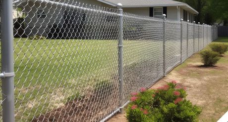 A chain link fence surrounds a lush green yard in front of a house.
