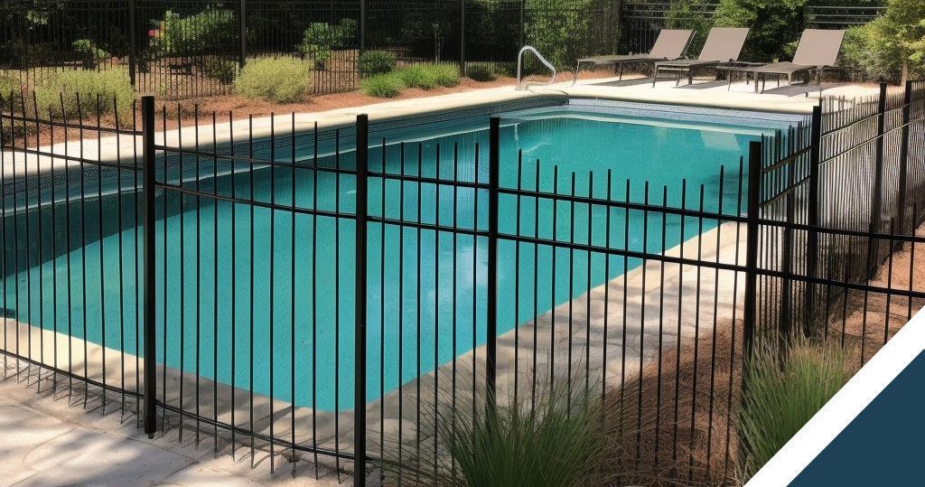 A fence surrounds a large swimming pool in a backyard.