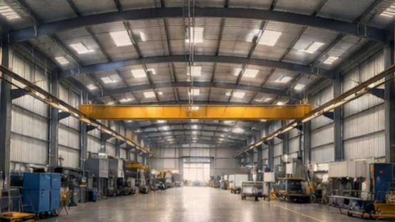 Gran nave industrial con maquinaria, grúa puente de color amarillo y un interior luminoso.