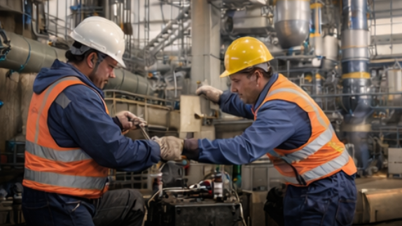 Dos trabajadores con chalecos de seguridad y cascos trabajan con maquinaria dentro de una fábrica.