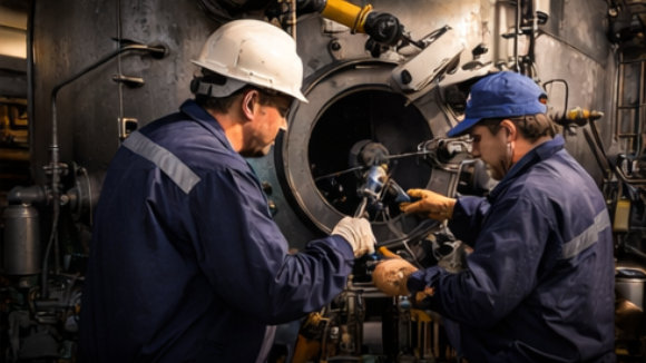 Dos trabajadores con monos azules y cascos de seguridad están reparando maquinaria.