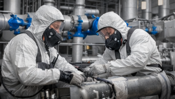 Dos personas con trajes de protección trabajando con maquinaria en un entorno industrial.