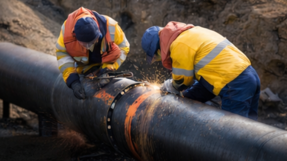 Dos trabajadores con chalecos de seguridad soldando una tubería grande al aire libre.