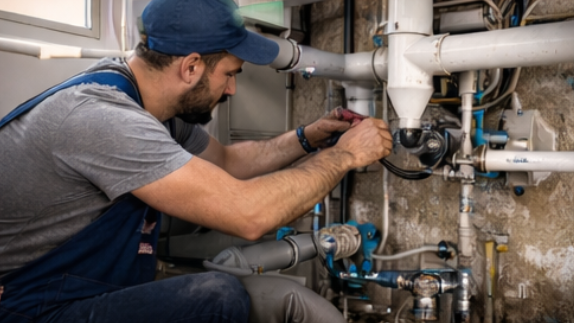 Fontanero con gorra azul y mono trabajando en tuberías en un sótano.