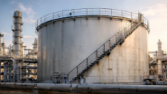 Gran tanque de almacenamiento cilíndrico con escalera, parte de refinería industrial.