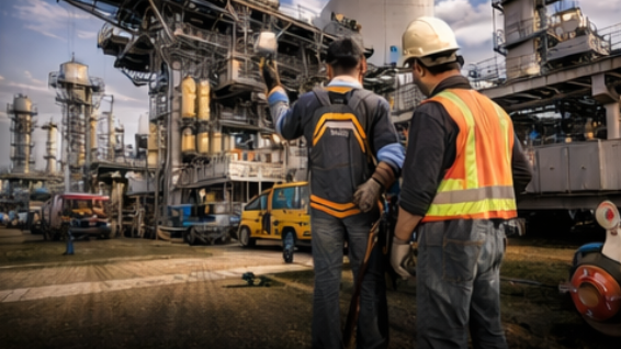 Dos trabajadores con chalecos de seguridad inspeccionan una planta industrial con maquinaria y vehículos complejos.