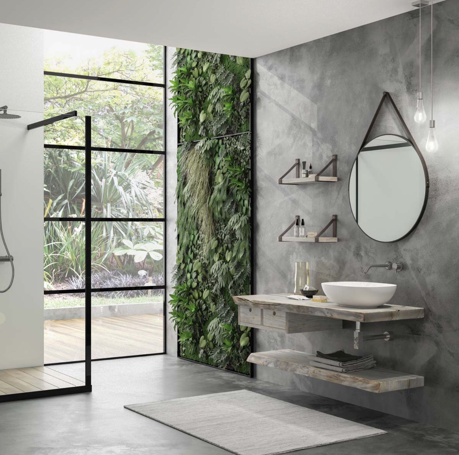 Bagno moderno con pareti grigie, parete verde, ampia finestra e mobile lavabo in legno.