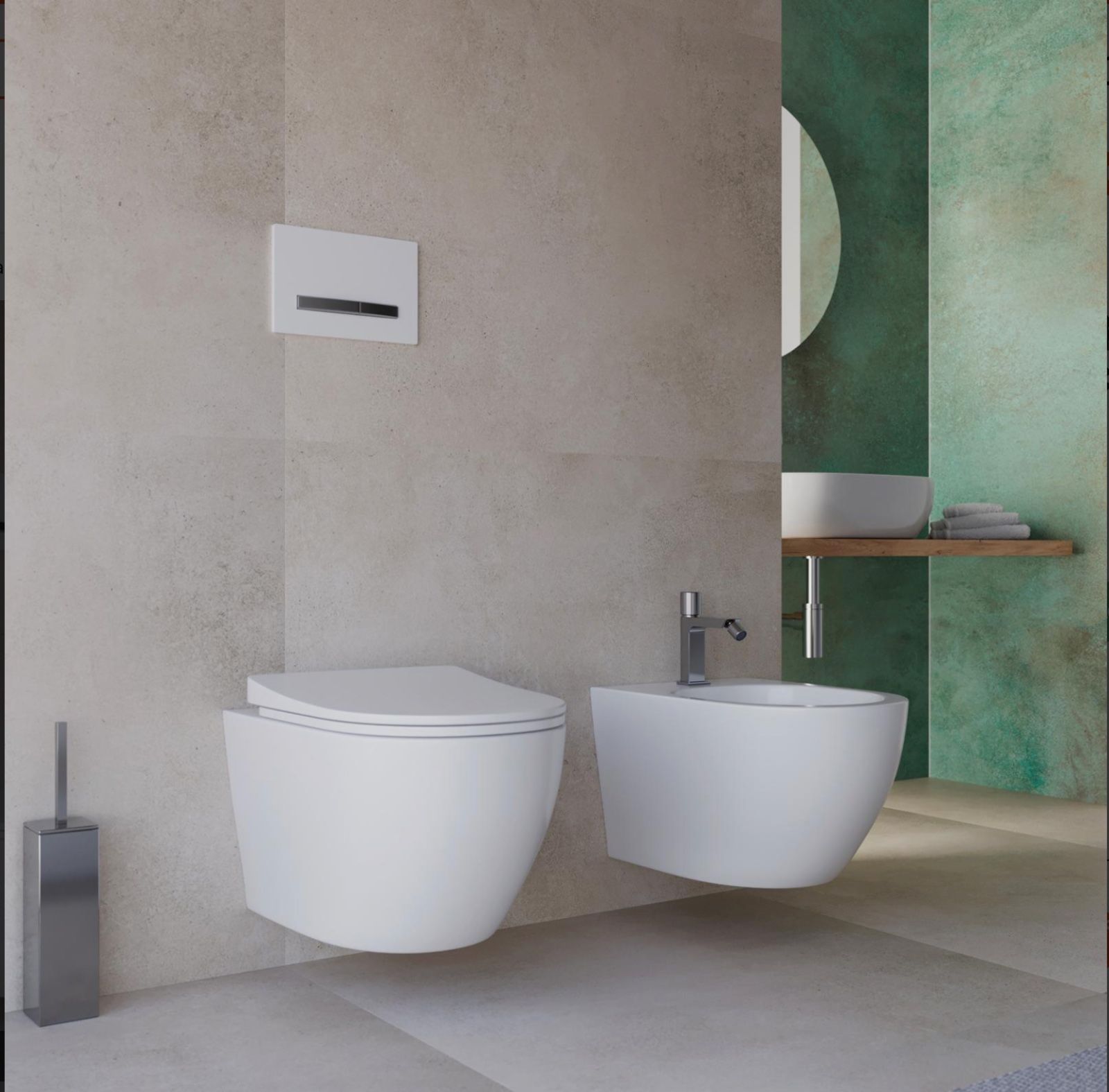 Bagno moderno con WC e bidet sospesi, tonalità di grigio e bianco, accessori in metallo spazzolato.